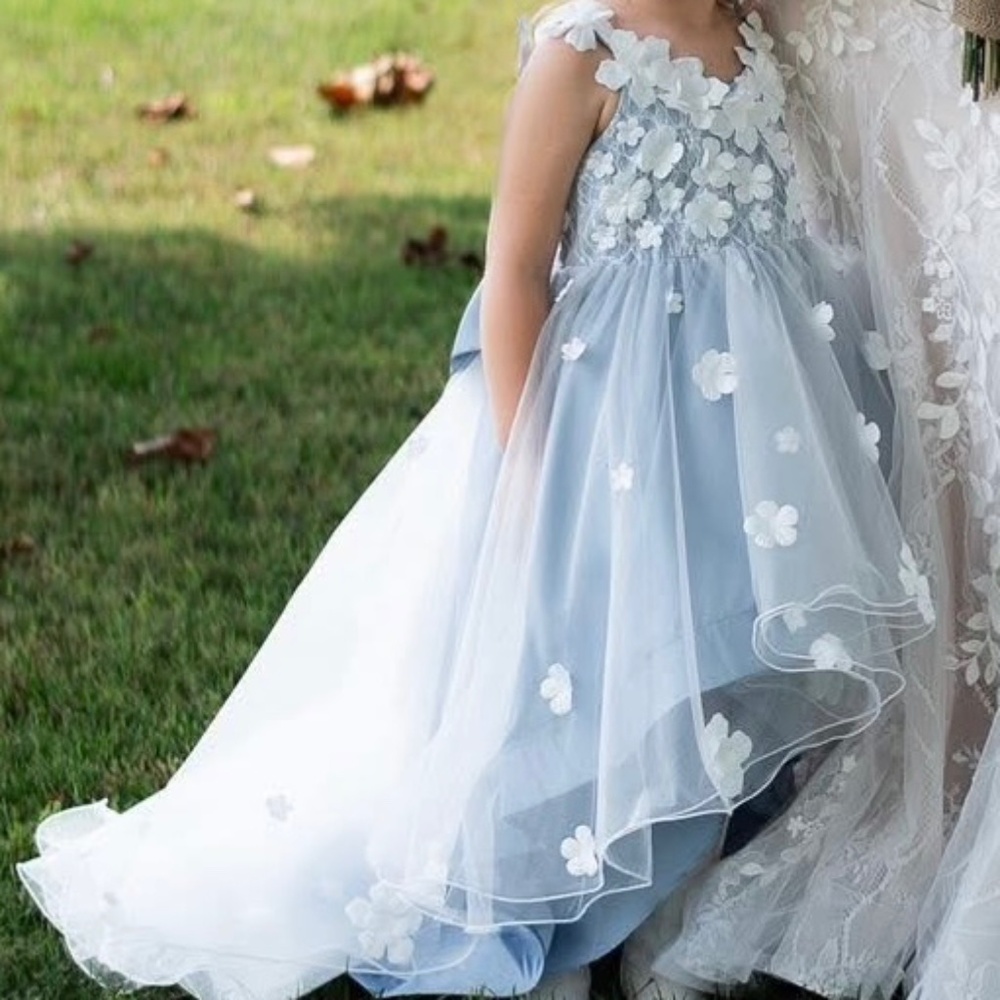 Azazie Light Blue and White Floral Tulle Flower Girl Dress